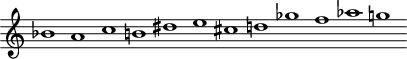 
\version "2.18.2"
\header {
  tagline = ##f
}
\score {
  \new Staff \with {
   \remove "Time_signature_engraver"
  }
<<
  \relative c'' {
    \key c \major
    \time 32/1
    \tempo 1 = 80
    \override TupletBracket #'bracket-visibility = ##f 
     %%%% Webern, série
     bes1 a c b  dis e cis d! ges f aes g!
  }
>>
  \layout {
     \context { \Score \remove "Metronome_mark_engraver" 
      \override SpacingSpanner.common-shortest-duration = #(ly:make-moment 1/2)
}
  }
  \midi {}
}
