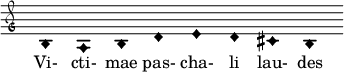  \relative c' { \clef "petrucci-g" \override Staff.TimeSignature #'stencil = ##f \set Score.timing = ##f \override Voice.NoteHead #'style = #'harmonic-black \key c \major b1 a1 b1 d1 e1 d1 cis1 b1 } \addlyrics {Vi- cti- mae pas- cha- li lau- des } 