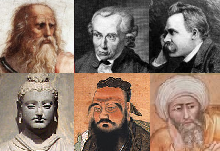 වමේ සිට දකුණට: ප්ලේටෝ, Kant, Nietzsche, Buddha, Confucius, Averroes