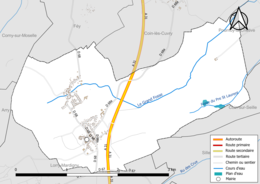 Carte en couleur présentant le réseau hydrographique de la commune