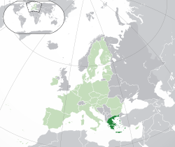 ھلڪي سائي رنگ سان يورپي يونين ۽ تيز سائي رنگ سان يونان ڏيکاريل مڪانيت  يونان  (dark green) – نقشو Europe  (green & dark grey) – in the European Union  (green)  –  [Legend]