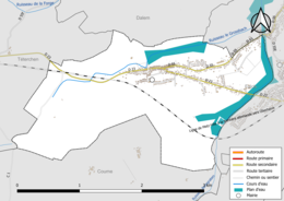 Carte en couleur présentant le réseau hydrographique de la commune