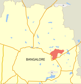 Location of Ramamurthy Nagar, shown in red, in Bangalore