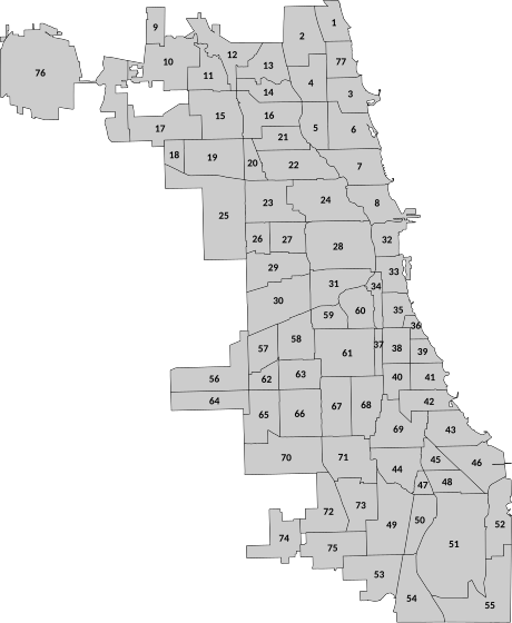 A list of the 77 Chicago community areas by number; the names are provided in the "List of community areas" section below. The areas are generally numbered from north to south, although the last two are in the north due to historical contingencies.