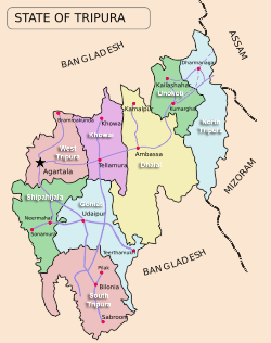 Map o the Tripura state showin aicht destricts