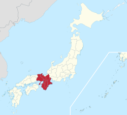 Map showing the Kansai region of Japan. It comprises the mid-west area of the island of Honshu.