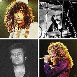 Zhora v smere hodinových ručičiek: Jimmy Page, John Bonham, Robert Plant, John Paul Jones