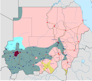 A map of Sudan, showing the RSF dominant in the west of the country, the SAF dominant in the east, and the centre split between both sides.