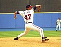 Tom Glavine, with the Atlanta Braves, in the middle of his pitching delivery