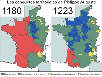 Carte montrant les conquêtes territoriales de Philippe Auguste de son avènement à sa mort.