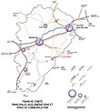 carte de la Franche-Comté présentant les principales aires urbaines et les voies de communication de la région