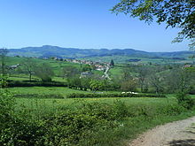 La photgraphie couleur représente un paysage vallonné et des parcelles de pâturages entourées de haies. Les arbres dénudés montrent qu'il s'agît de l'hiver et l'herbe est bien verte.