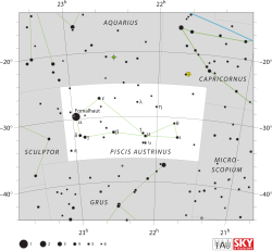 Diagram showing star positions and boundaries of the Piscis Austrinus constellation and its surroundings