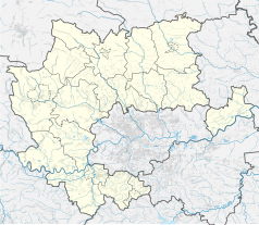 Mapa konturowa powiatu krakowskiego, na dole nieco na lewo znajduje się punkt z opisem „Skawina”