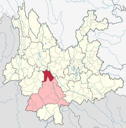 Location of Jingdong County (red) and Pu'er City (pink) within Yunnan province