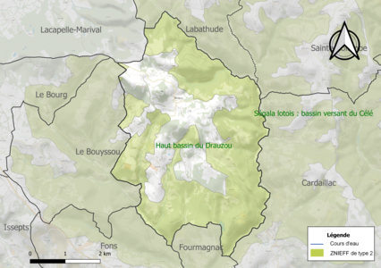 Carte de la ZNIEFF de type 2 sur la commune.