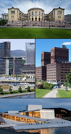 From the top: Parliament of Norway Building, middle left: Bjørvika, middle right: Oslo City Hall seen from Akershus Fortress, bottom: Oslo Opera House