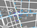 Mapa zonal de la estación de Iglesia con los accesos al Metro y Cercanías y los recorridos de los autobuses de la EMT que pasan por ella, entre los que se encuentra la línea N23.