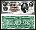 1886-os szériájú ezüstérmékre váltható Silver Certificate típusú 5 dolláros államjegy Grant portréjával.