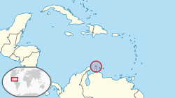 Location of  Aruba  (circled in red) in the Caribbean  (light yellow)