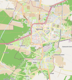 Mapa konturowa Bełchatowa, na dole nieco na prawo znajduje się punkt z opisem „Parafia Wszystkich Świętych”