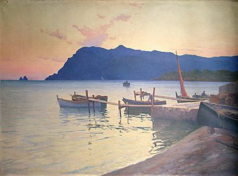 Pêcheurs et « pointus », avec le cap Sicié et les rochers des Deux Frères en ombres chinoises d'arrière-plan, tableau d'Eugène Dauphin : Coucher de soleil sur le cap Sicié (vers 1890)[6].