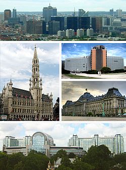 Clockwise from top: The Northern Quarter business district; the Berlaymont of the European Commission; the Royal Palace of Brussels; the Espace Léopold of the European Parliament; the Grand Place