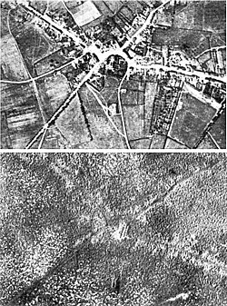 Aerial view of the village of Passchendaele, before and after the Battle of Passchendaele