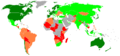 World map of the 2006-2007 Global Competitiveness Index. Each color represent one quartile of the ranked nations. Green nations score higher, red nations lower. Grey nations are not ranked.