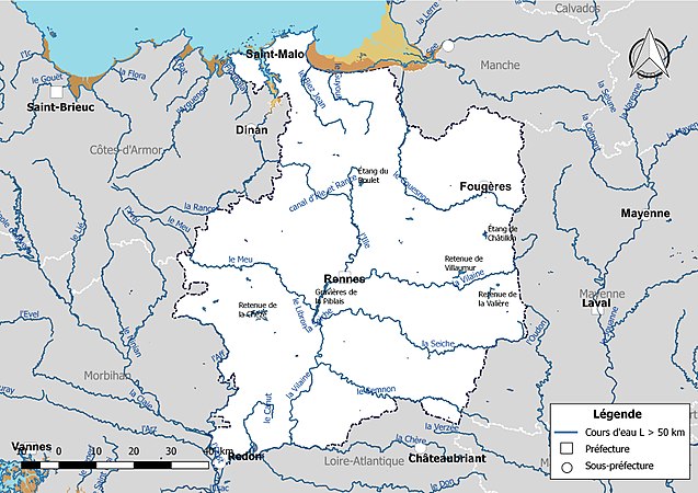 Carte des cours d'eau de longueur supérieure à 50 km d'Ille-et-Vilaine.