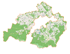 Mapa konturowa powiatu karkonoskiego, na dole po prawej znajduje się punkt z opisem „Kowary”