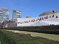 Flags of United Nations member states flying outside the United Nations Headquarters complex in New York City.