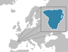 Localización de Bearne en Europa. La región de Bearne, dentro de los Pirineos Atlánticos, rodeada al sur por España, al oeste por Sola y Baja Navarra, al norte por las Landas, al noreste por el Gers y al este por los Altos Pirineos.