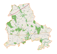 Mapa konturowa powiatu brzezińskiego, po prawej nieco na dole znajduje się punkt z opisem „Jeżów”