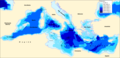 Carta batimetrica de la Mar Mediterranèa que mòstra la prefondor febla au nivèu dei destrechs