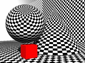 Black and light grey checkered pattern of squares that is horizontally shrunk at one third to the right side of the image