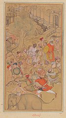 Akbar auf dem wilden Elefanten Lakhna, 1558. Farrukh, Gesichter von Mukund. Linke Hälfte